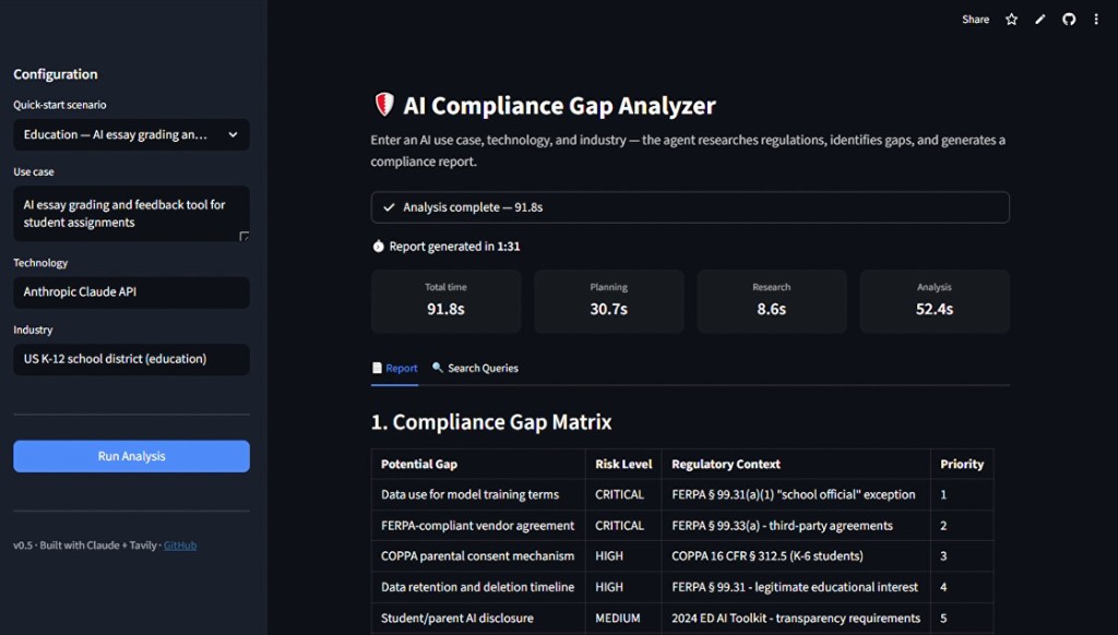 Earlier AI Compliance Gap Analyzer interface with a use case, technology, and industry input beside an example potential-gap report.